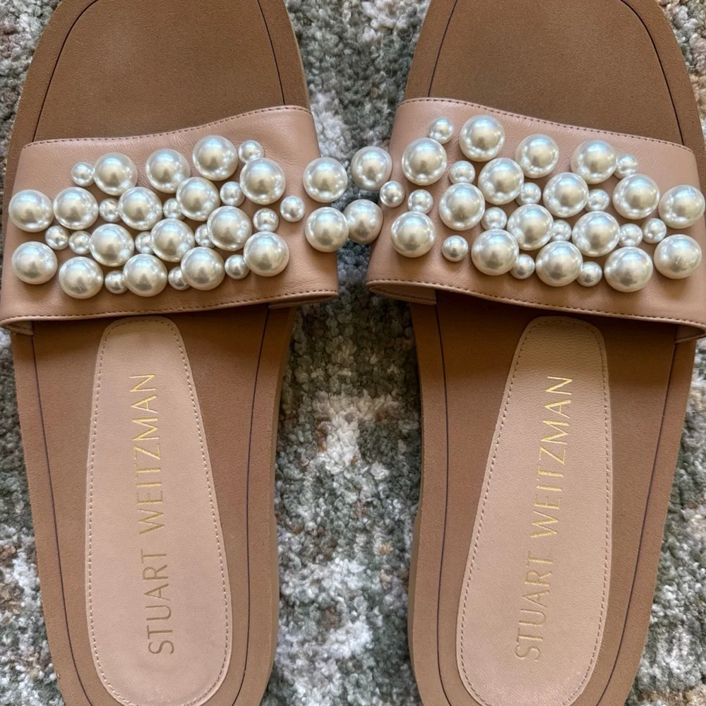 Stuart Weitzman Goldie Pearl Embellished Women's Leather Slides